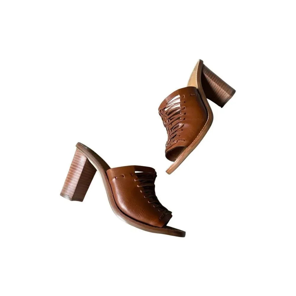 J. Crew Marlow Huarache Leather Mules Sandals size 7.5 Block Wood Heel Brown